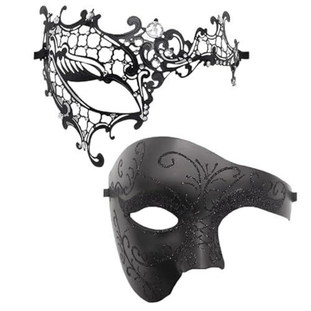 5270 Black Masquerade Mask Couples Set: Vintage Metal Cosplay Venetian